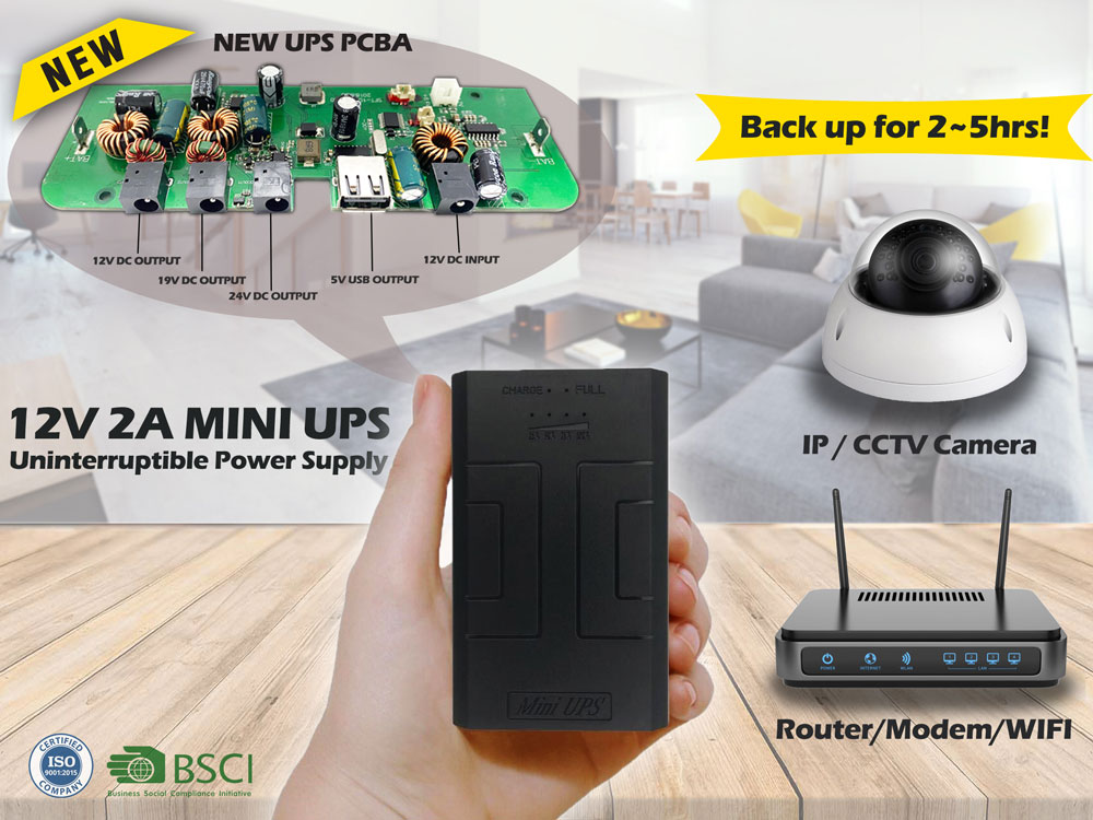 12V 2A Mini UPS with Lithium Battery Cell for WIFI Router, CCTV, Modern as Backup for 2-4 Hours